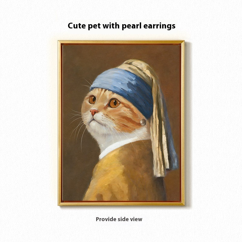 Cat wearing a pearl earring with a blue headband, inspired by famous artwork, framed on a white background.