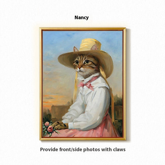 Cat in a painting-style dress with a hat and pink bow, framed with 'Nancy' above.