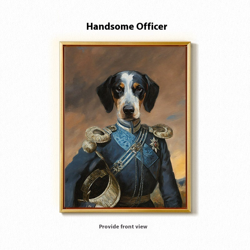 Framed portrait of a dog dressed in a military uniform with a scenic background.