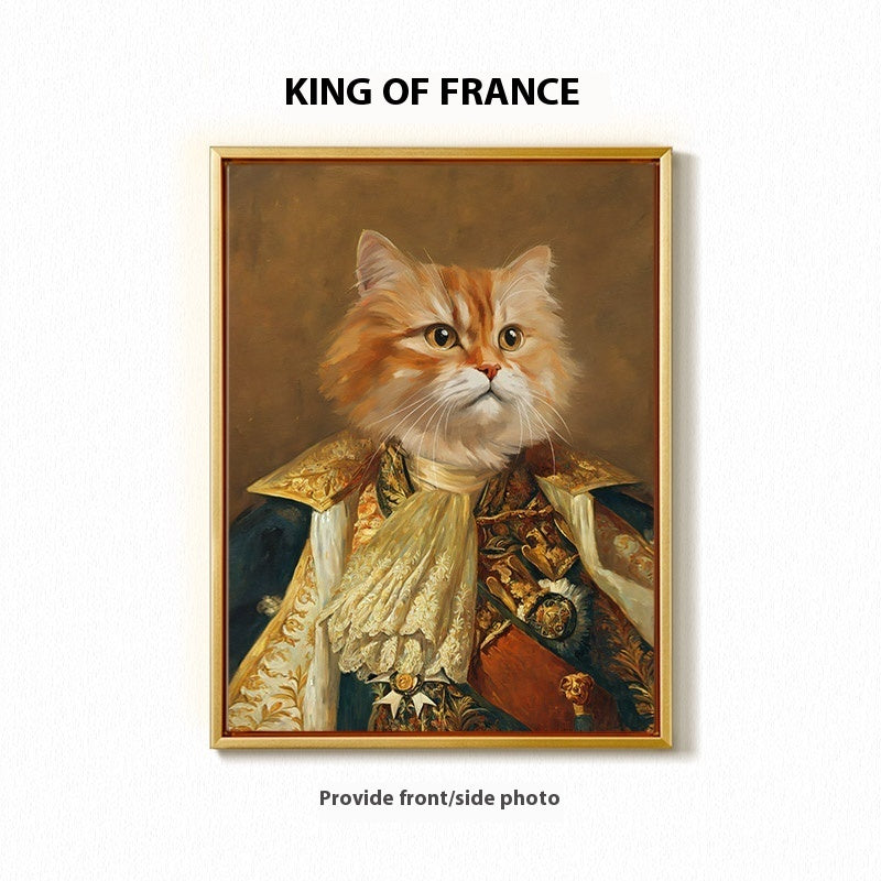 Framed portrait of a cat dressed in regal attire with 'KING OF FRANCE' text.