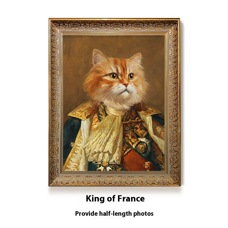 Framed painting of a cat dressed in regal attire with 'King of France' text.