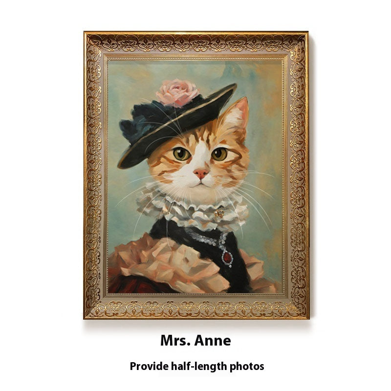 Framed painting of a cat wearing a hat with a rose on a white background