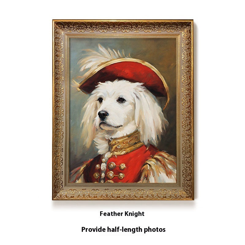 Painting of a dog in regal attire with a decorative gold frame.
