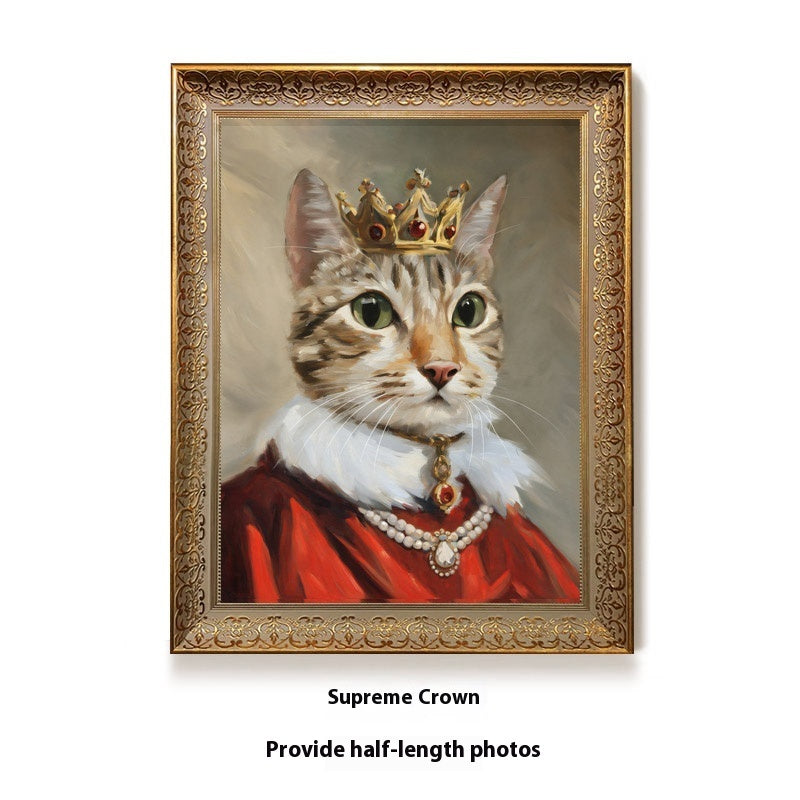 Framed painting of a cat wearing a crown and red garment on a white background