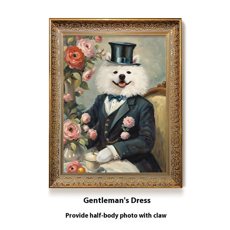 Framed artwork of a dog in a suit with flowers and a top hat.