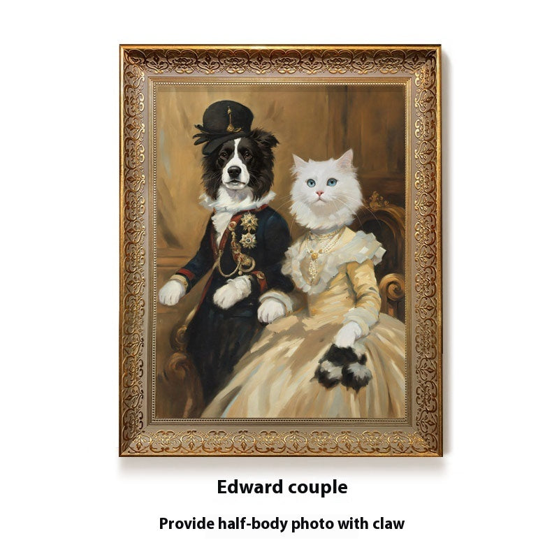 Artistic depiction of a dog and cat in formal attire with an ornate gold frame.