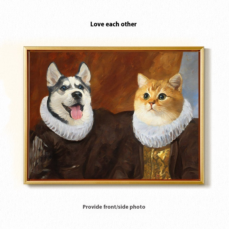 Framed artwork of a dog and a cat wearing period costumes with a brown background.