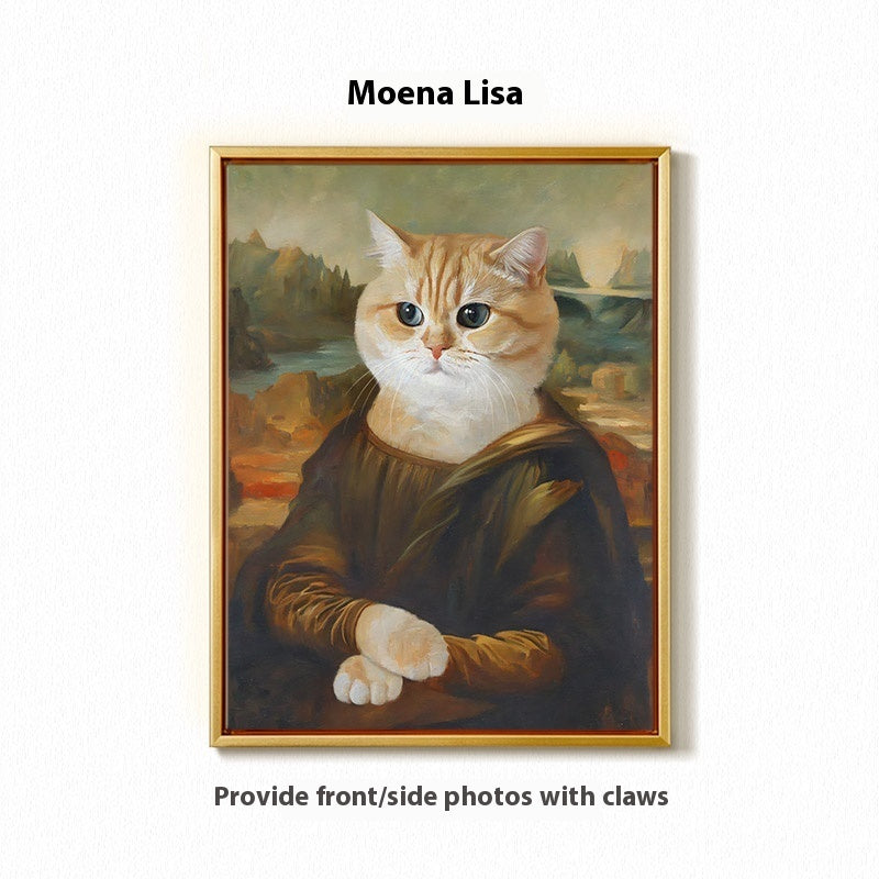 Painting of a cat with a gold frame, styled like 'Mona Lisa'.