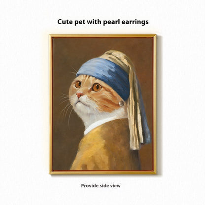Cat wearing a pearl earring with a blue headband, inspired by famous artwork, framed on a white background.