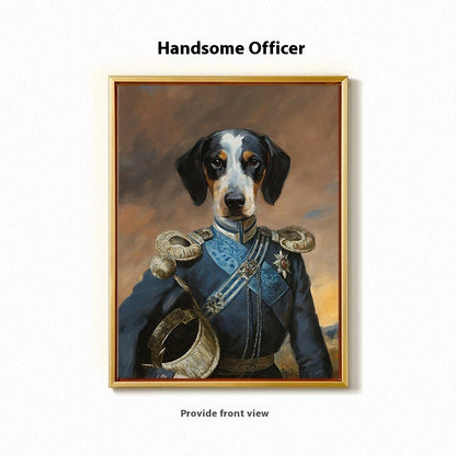 Framed portrait of a dog dressed in a military uniform with a scenic background.