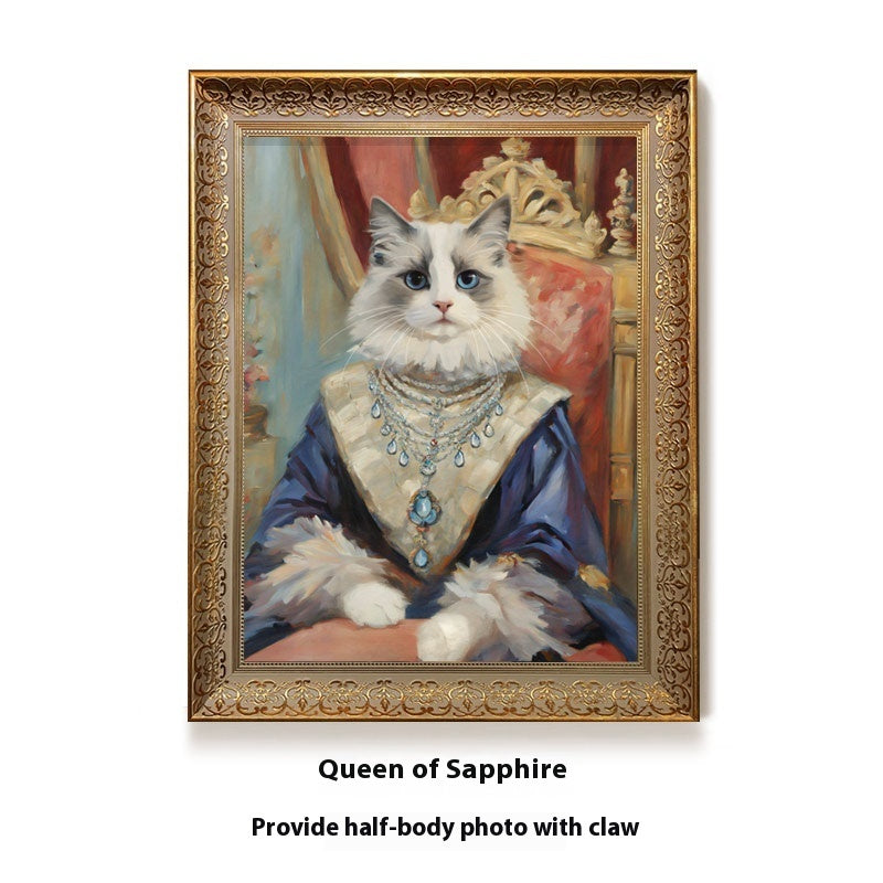 Cat in regal attire with jewelry, framed as a portrait with ornate gold frame.