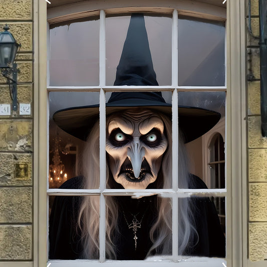 3D Holiday Halloween Horror Witch Window Cover Family Party Decoration Witch Zombie Ghosts Super Terrifying Photo Studio Backdrop Door Window Hanging Banner