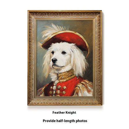 Painting of a dog in regal attire with a decorative gold frame.